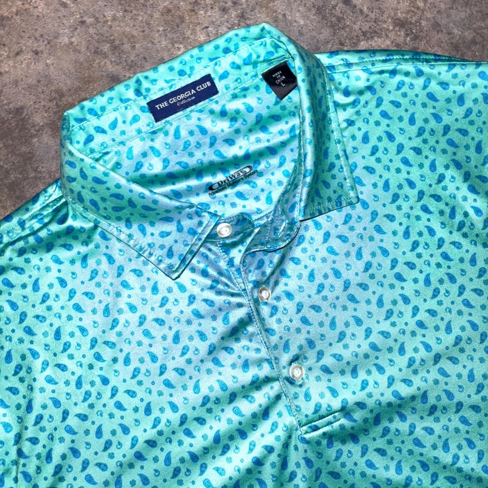 The Georgia Club Collection Polo Shirt Mens Large Teal Blue Paisley DriWay Golf